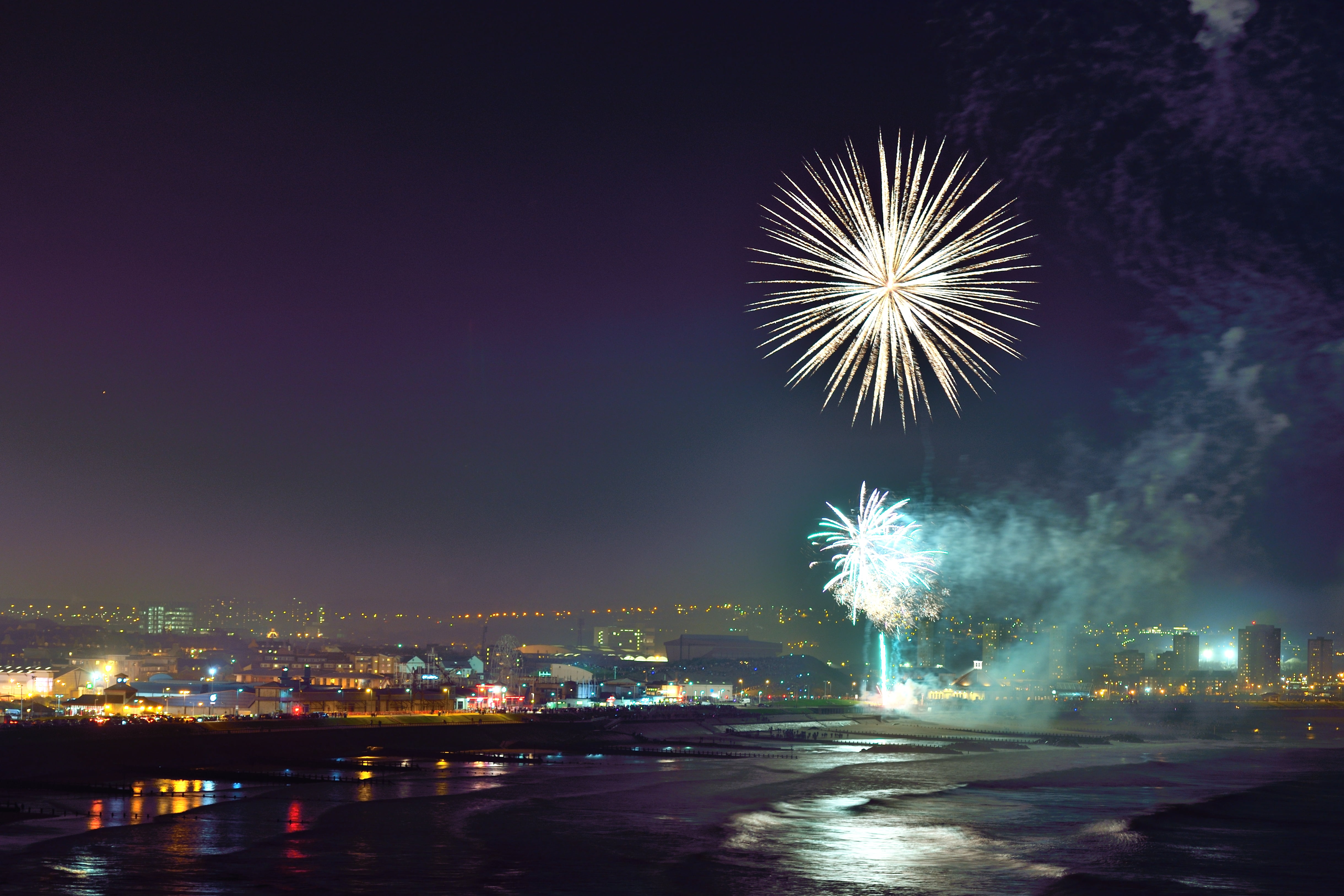 city  beach, bonfire, fireworks  photography, pyrotechnics