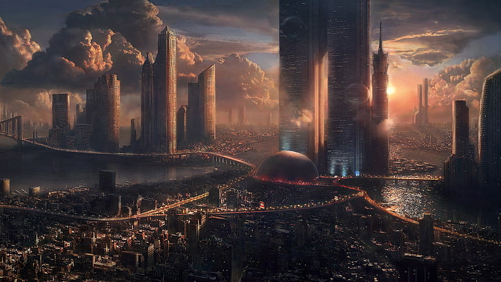 Futuristic City, nature, digital art, urban skyline, famous place Free HD Wallpaper