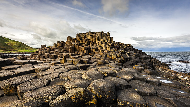 Irish Giant Causeway, clouds, travel, summer, stone material Free HD Wallpaper