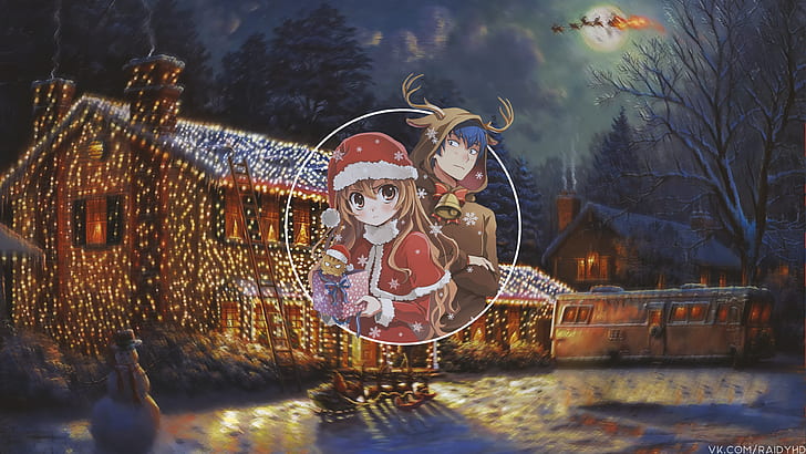 Merry Christmas Anime Boy, pictureinpicture, santa hats, christmas, picture-in-picture Free HD Wallpaper