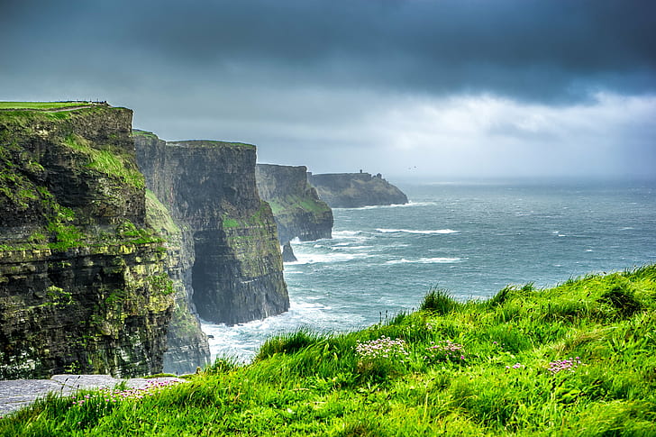 Moher Cliffs Ireland Hotel, clouds, coastline, sea, sky Free HD Wallpaper