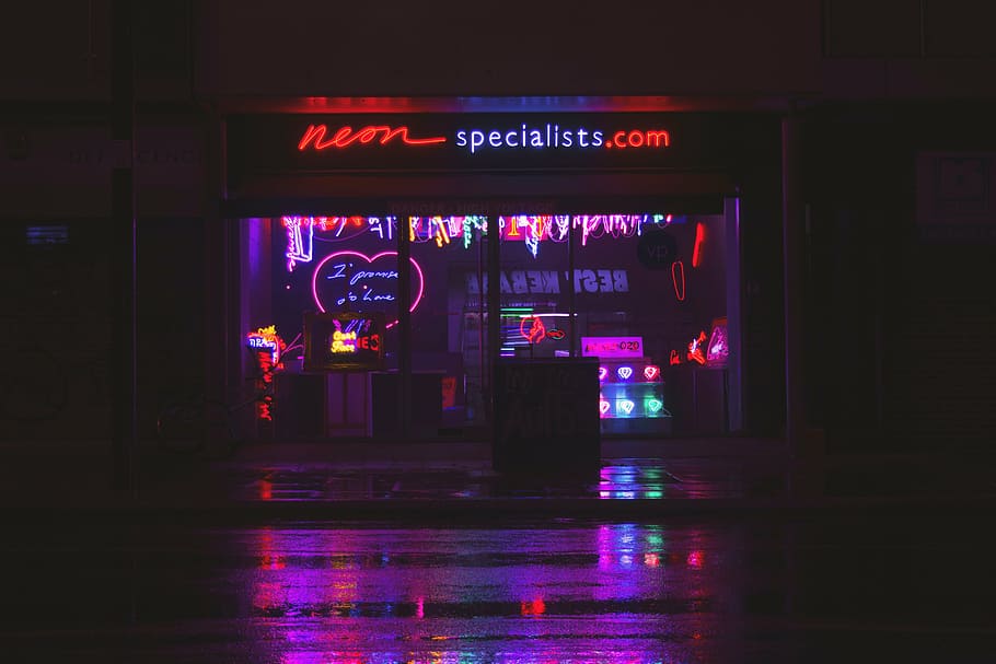 Neon Wall Lights, wet, bar  drink establishment, reflection, indoors Free HD Wallpaper