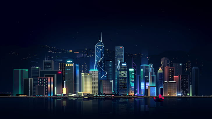 Night City Skyline Clip Art, night, ship, neon, building Free HD Wallpaper