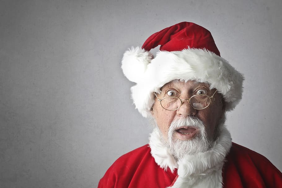 Santa Claus Portrait Face, red, spectacles, grey, person Free HD Wallpaper