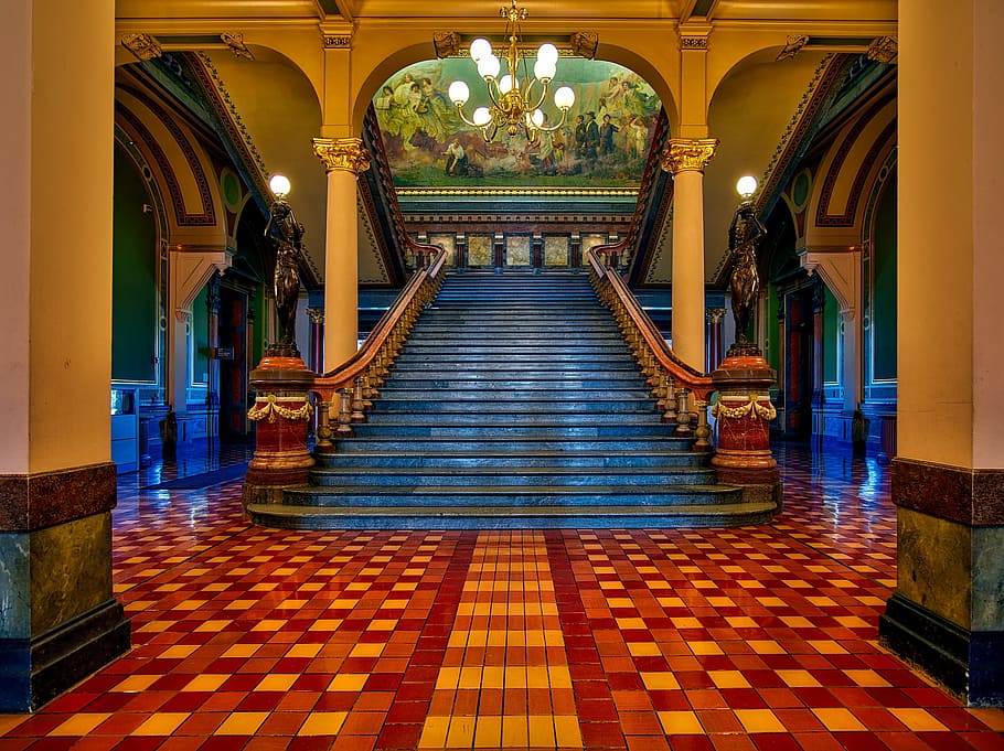 State Library of Iowa, vintage, interior, illuminated, arch Free HD Wallpaper