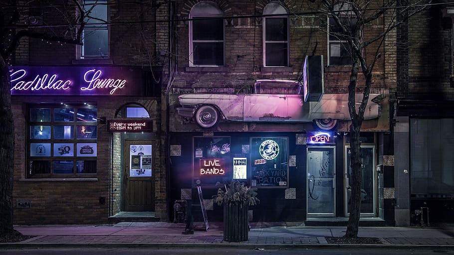 Street Lights at Night, illuminated, cadillac, city, alley Free HD Wallpaper