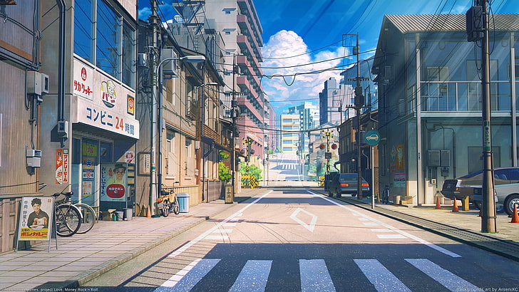 Tokyo Anime Scenery, crosswalk, building exterior, japan, car