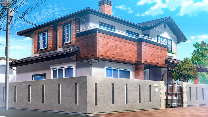 Anime House Exterior, modern, wood  material, street, barrier Free HD Wallpaper