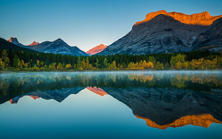 Beautiful Lake Landscapes, jasper  canada, mist, mountain peak, scenics  nature Free HD Wallpaper