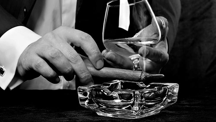 Birthday Cigar, alcohol, classy, monochrome, men Free HD Wallpaper