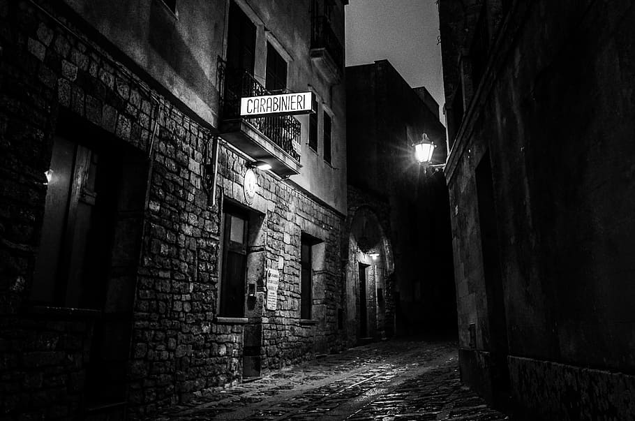 Brick Wall Alley, text, building, spooky, dusk Free HD Wallpaper