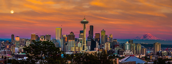 City Skyline, space needle, dusk, night, downtown district Free HD Wallpaper