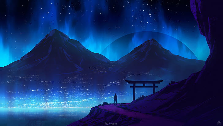 Digital Illustration Landscape, calm, stars, sky, japan Free HD Wallpaper