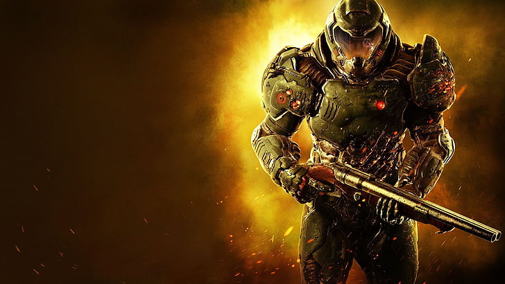 Doom Slayer Sword, helmet, security, video games, army soldier Free HD Wallpaper