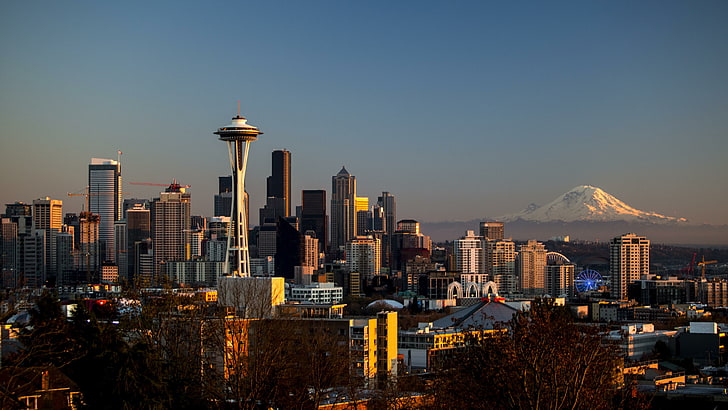 Downtown Seattle Skyline, residential district, city, snowcapped mountain, building exterior Free HD Wallpaper