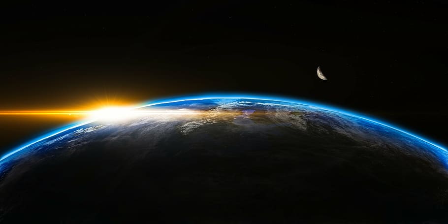 Earth and Moon From Outer Space, sunbeam, globe  man made object, planet  space, idea Free HD Wallpaper