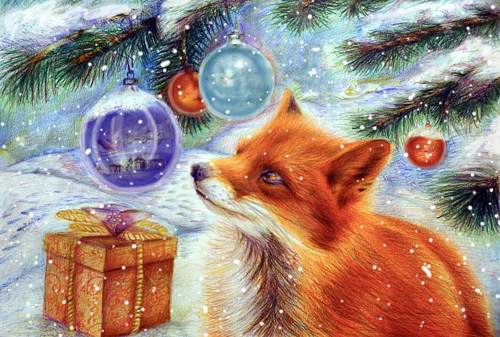 Fox Christmas Decorations, pine tree, christmas, domestic, animal Free HD Wallpaper