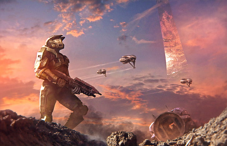 Halo 1 Covenant, landscape, banshee halo, assault rifle, halo Free HD Wallpaper
