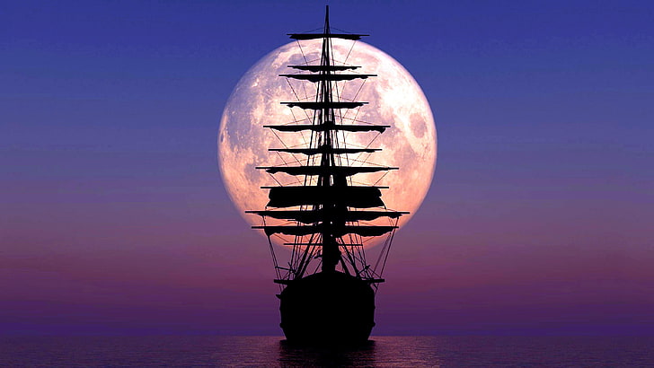 Haunted Pirate Ship, caravel, purple, moon, night