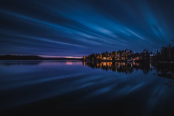 HDMI, lake, sunset, nature, blue Free HD Wallpaper