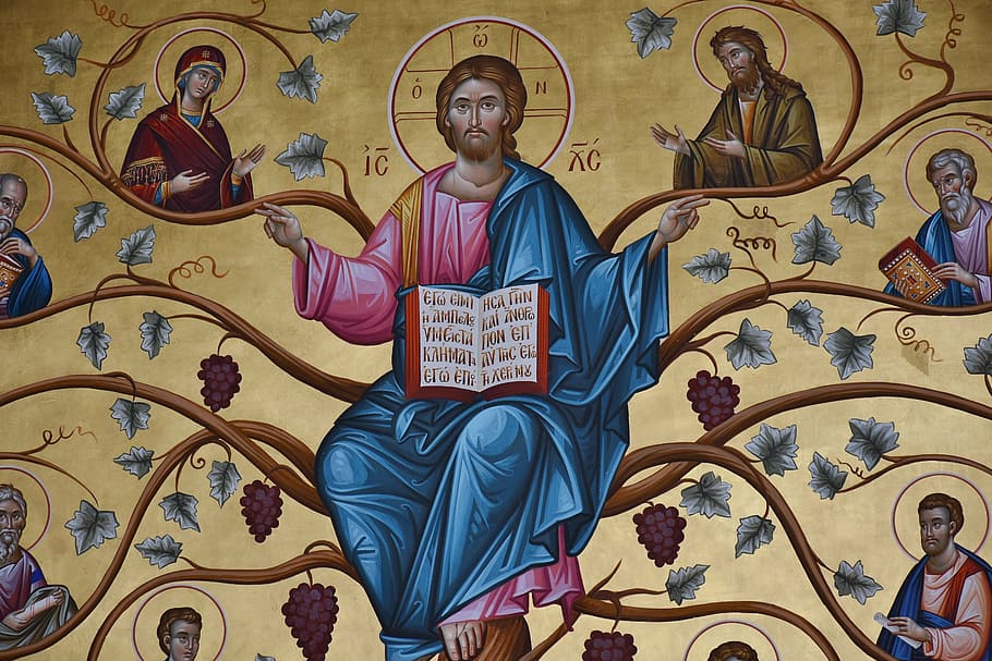 Jesus Christ Orthodox, male likeness, symbol, fresco, painting Free HD Wallpaper