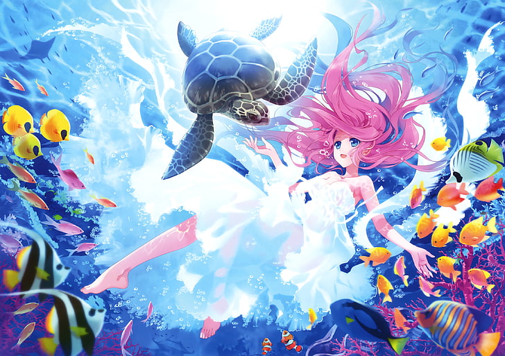 kawaii, mermaid, fishes, turtle Free HD Wallpaper