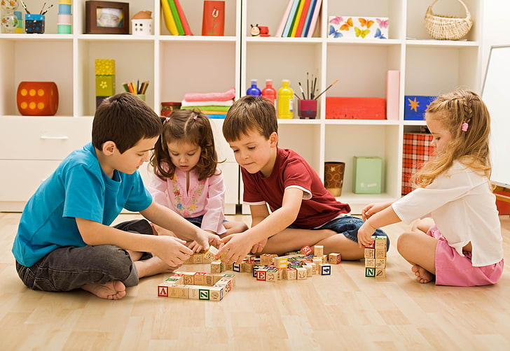 Kids Play Together, preschool building, home interior, happiness, togetherness Free HD Wallpaper