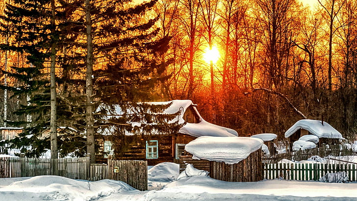 Log Cabin Winter, evening, fence, snow, water Free HD Wallpaper