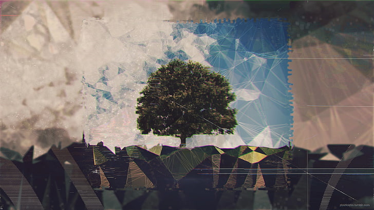 Low Poly 2D Art, growth, built structure, trees, digital art