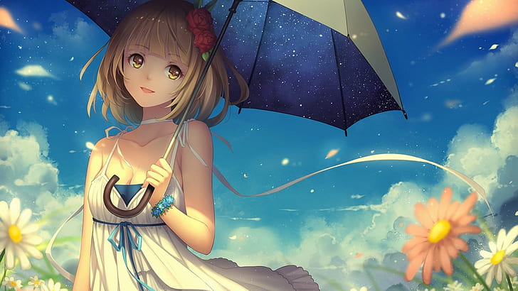 Manga Girl Flower, summer, kawaii, umbrella, anime art Free HD Wallpaper