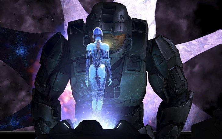 Master Chief Holding Cortana, front view, human representation, security, government Free HD Wallpaper