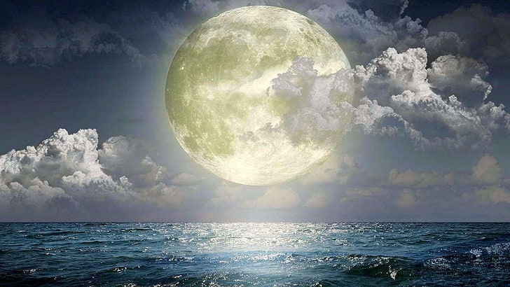 Moon Over Ocean, full moon, ocean, sea, night sky Free HD Wallpaper