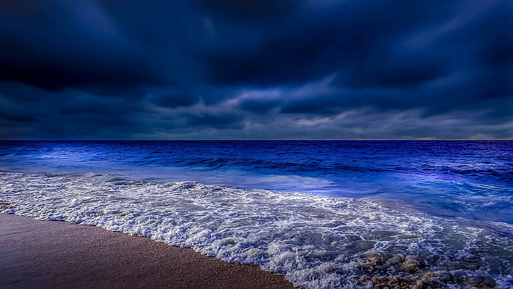 Moonlight Ocean Waves, foam, ocean, shore, water Free HD Wallpaper