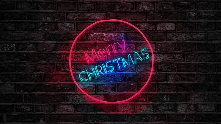 Neon Christmas Tree Lights, light, brickwall, brick, wall Free HD Wallpaper