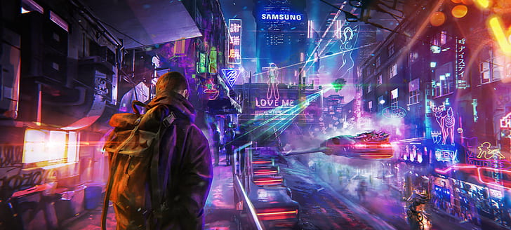 Neon City Aesthetic, artwork, building, people, street Free HD Wallpaper