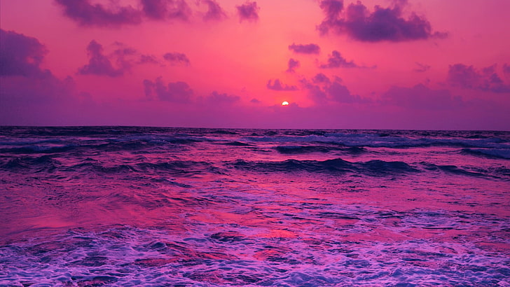 Pink Sunset Heart, waves, scenics  nature, pink color, cloud  sky Free HD Wallpaper