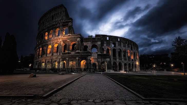 Roman Colosseum, clouds, ancient, night, illuminated Free HD Wallpaper