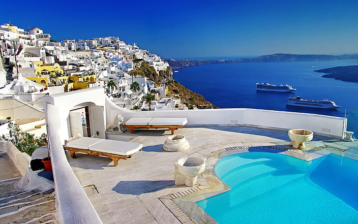 Santorini Hotels, blue, sea, built structure, swimming pool Free HD Wallpaper