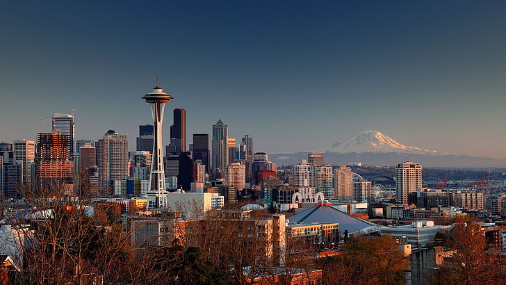 Seattle, office building exterior, mountain, skyscraper, city life Free HD Wallpaper
