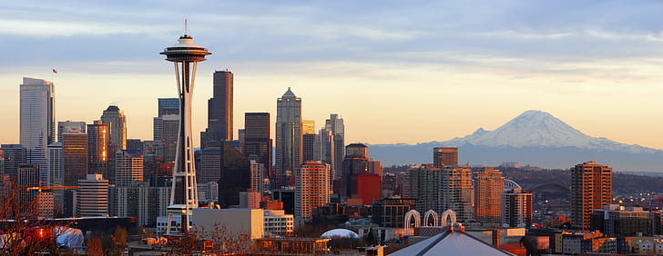 Seattle Skyline, landscape, seattle, Mount Rainier, mount rainier Free HD Wallpaper