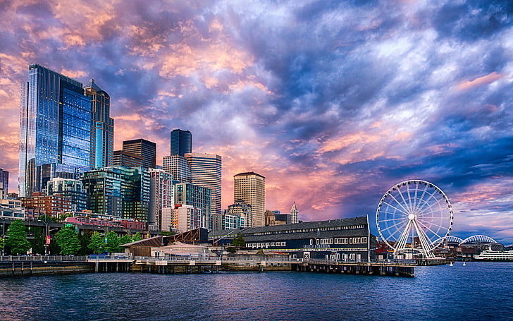 Seattle Washington Ferris Wheel, cityscape, city, landscape, nature Free HD Wallpaper