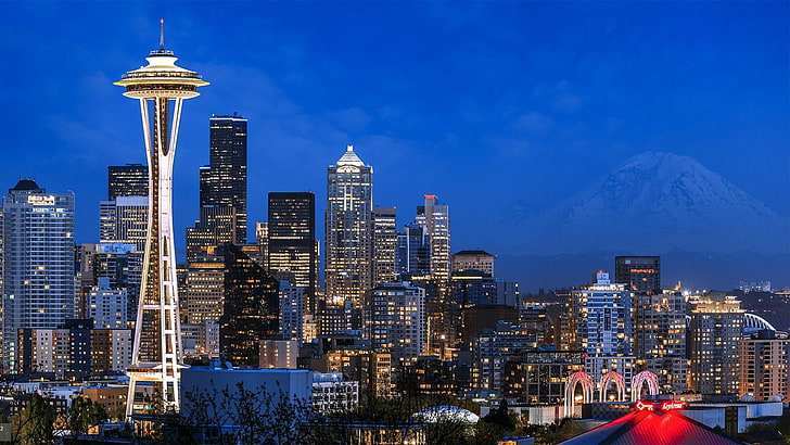 Space Needle Fireworks, landscape, building exterior, observation tower, blue