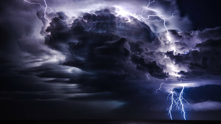 Thunderstorm at Sea, sky, dark, storm, night Free HD Wallpaper