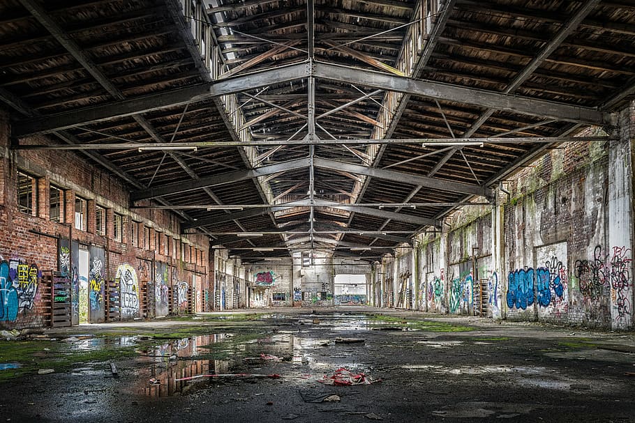 Abandoned Factory Interior, destruction, mirroring, warehouse, mood Free HD Wallpaper