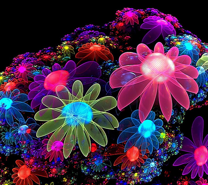 Abstract Colorful Neon Flowers, nature, marine, animals in the wild, multi colored Free HD Wallpaper