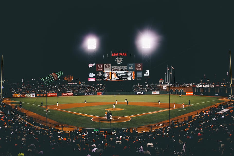 AT&T Park San Francisco, real people, floodlit, outdoors, group of people