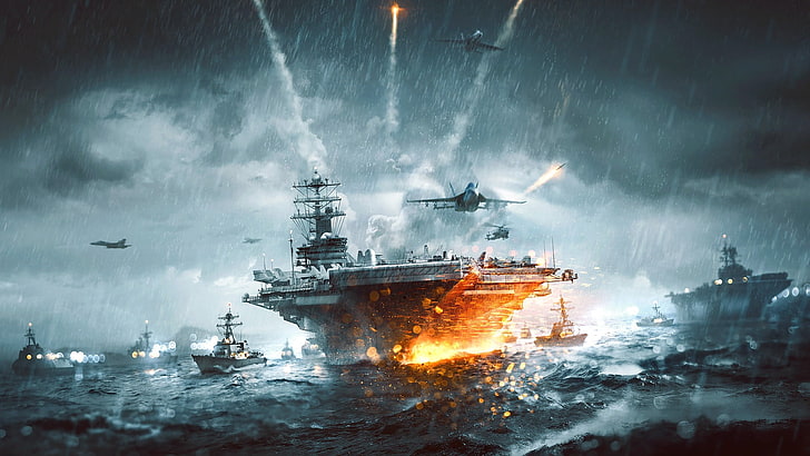 Battlefield 3 Aircraft Carrier, war, water, aircraft, burning Free HD Wallpaper