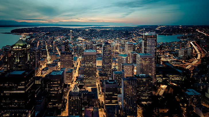 City Skyline Night, lower manhattan, financial district, usa, business