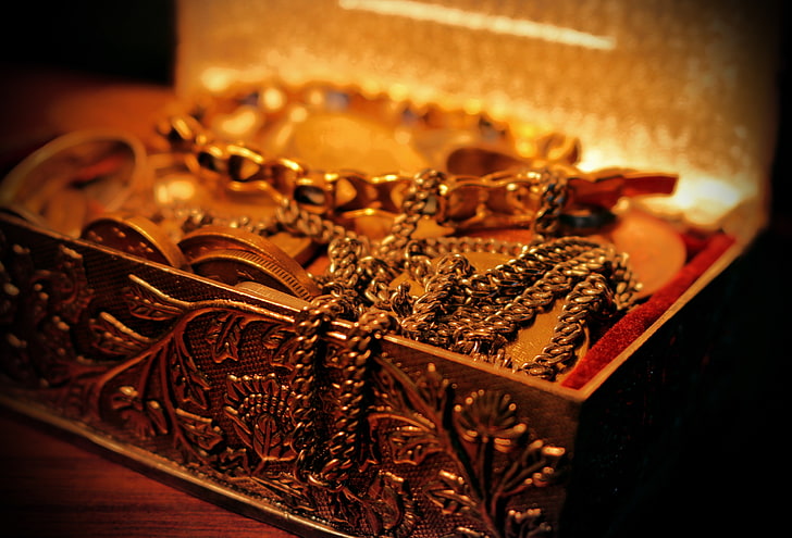 Diamond Treasure Chest, box, gold, metal, bracelet Free HD Wallpaper