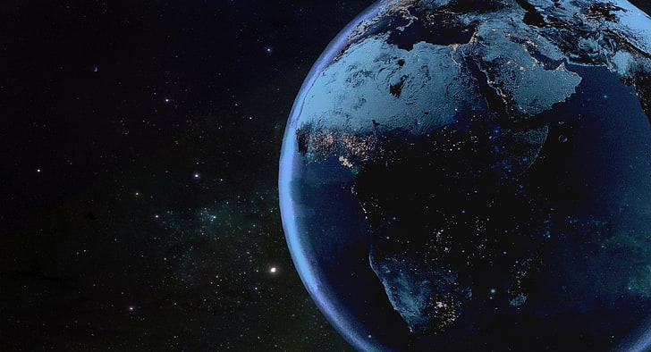 Earth Day and Night From Space, sphere, blue, no people, digital art Free HD Wallpaper